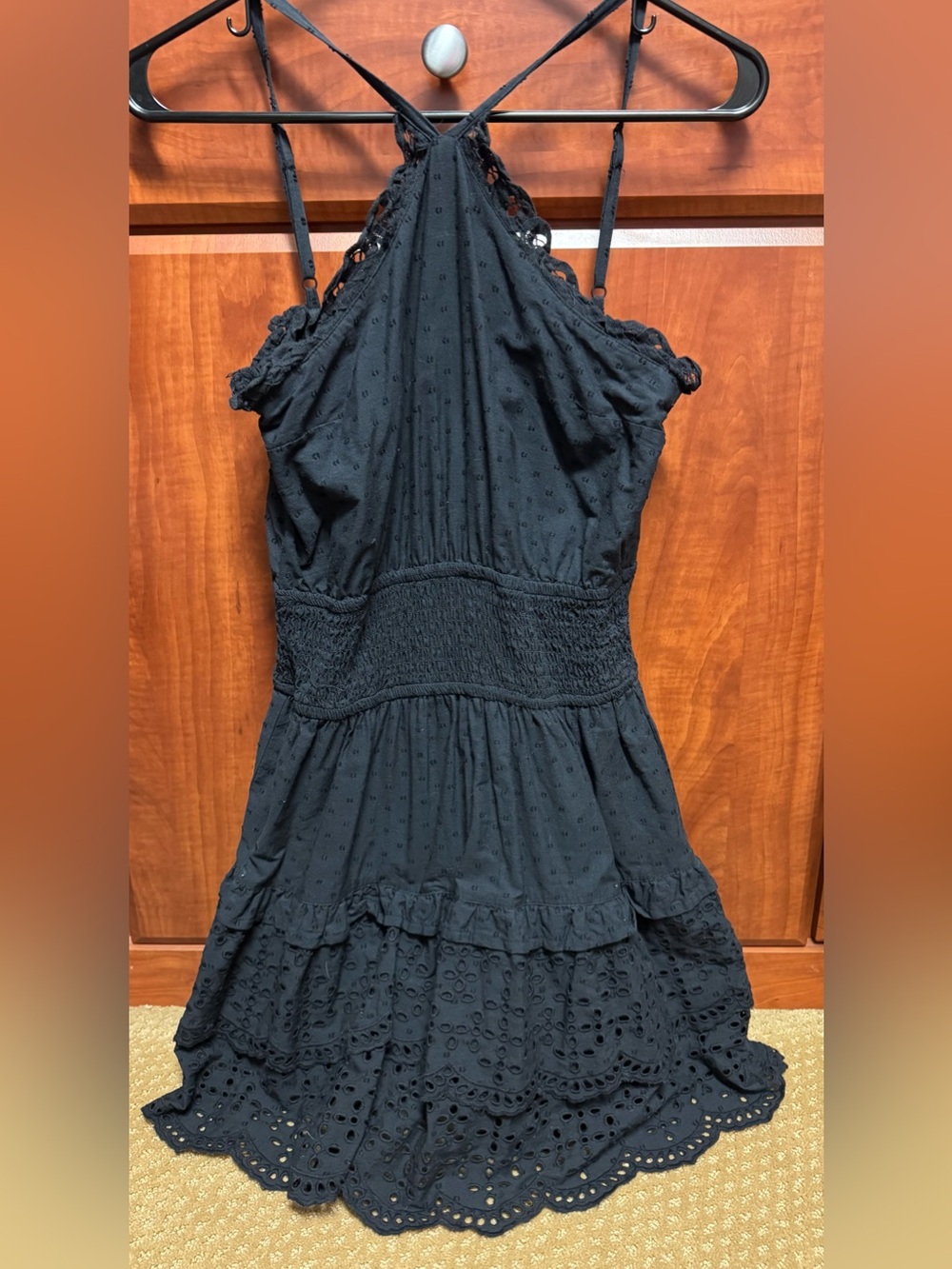 And Now This Black Halter Eyelet Tiered Mini Dress